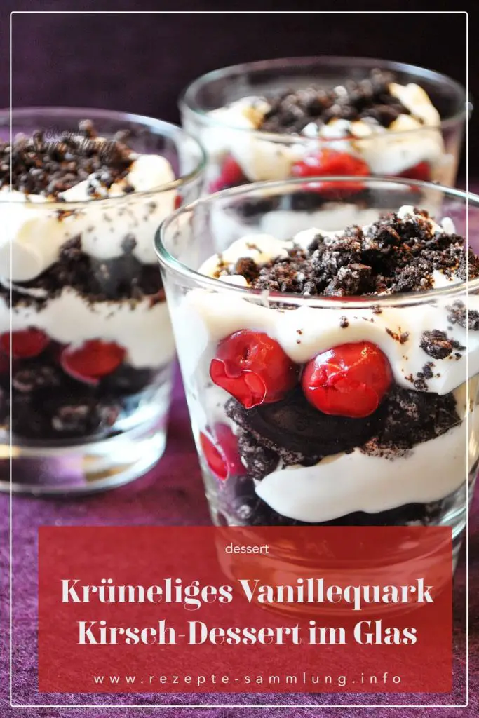 Krümeliges Vanillequark-Kirsch-Dessert im Glas