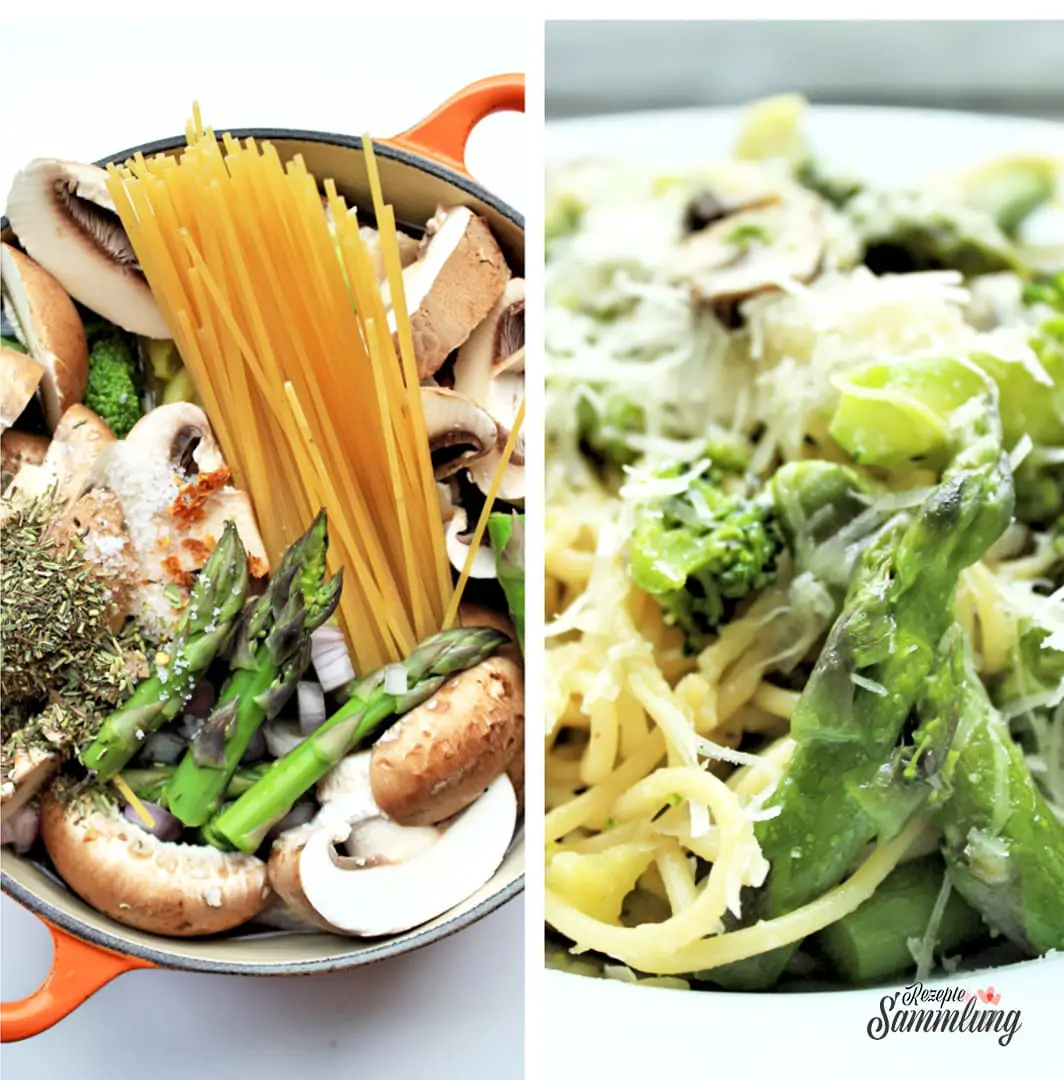 one pot pasta mit gruenem spargel pilzen und brokkoli